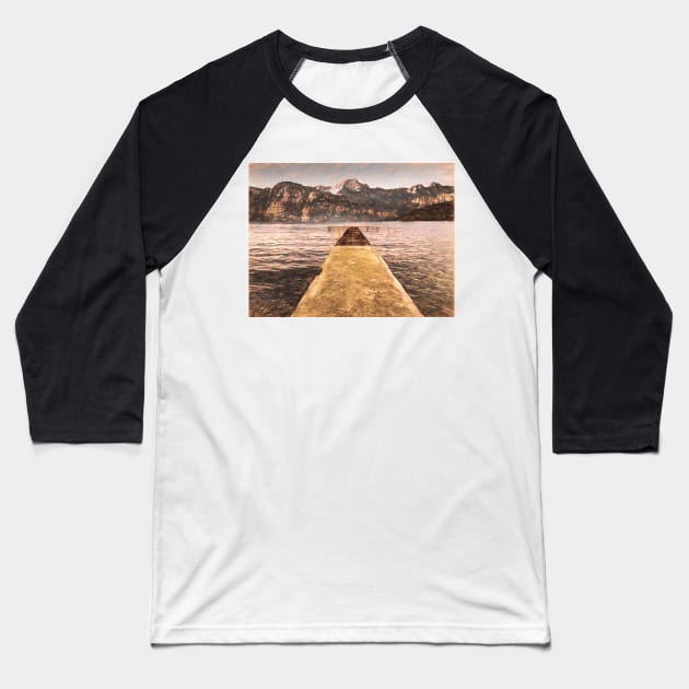 Sea jetty mountain vista Baseball T-Shirt by stuartchard